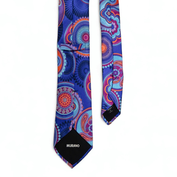 EUC Murano 100% Silk HandTailored Necktie Made USA Navy Orange Geometric Pattern - Picture 3 of 3